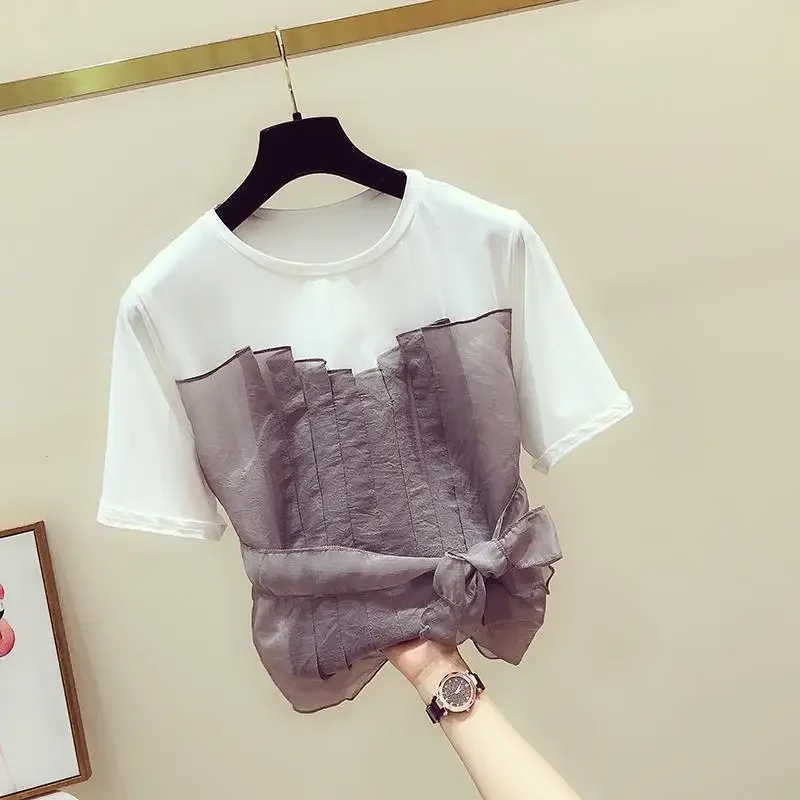 Neplo 2024 Summer Korea Femme Casual Fake Two-Piece Top Elegant Simple O-Neck Tees Mesh Bandage Slim Waist Short Sleeve T-Shirts