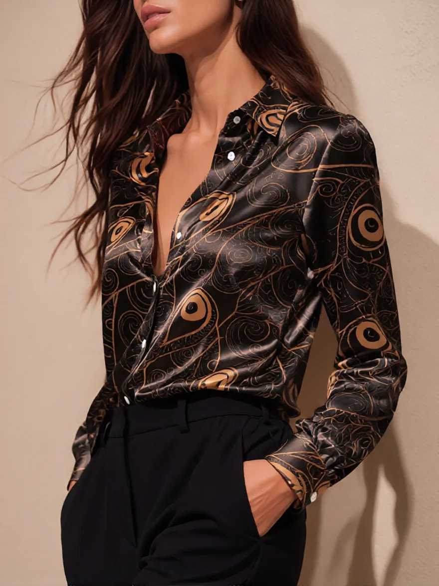 Large Color Dot Women Satin Shirt Long Sleeve Button Down Silk Feel Blouse Lapel V Neck Loose Office Party Top Plus Size S-3XL