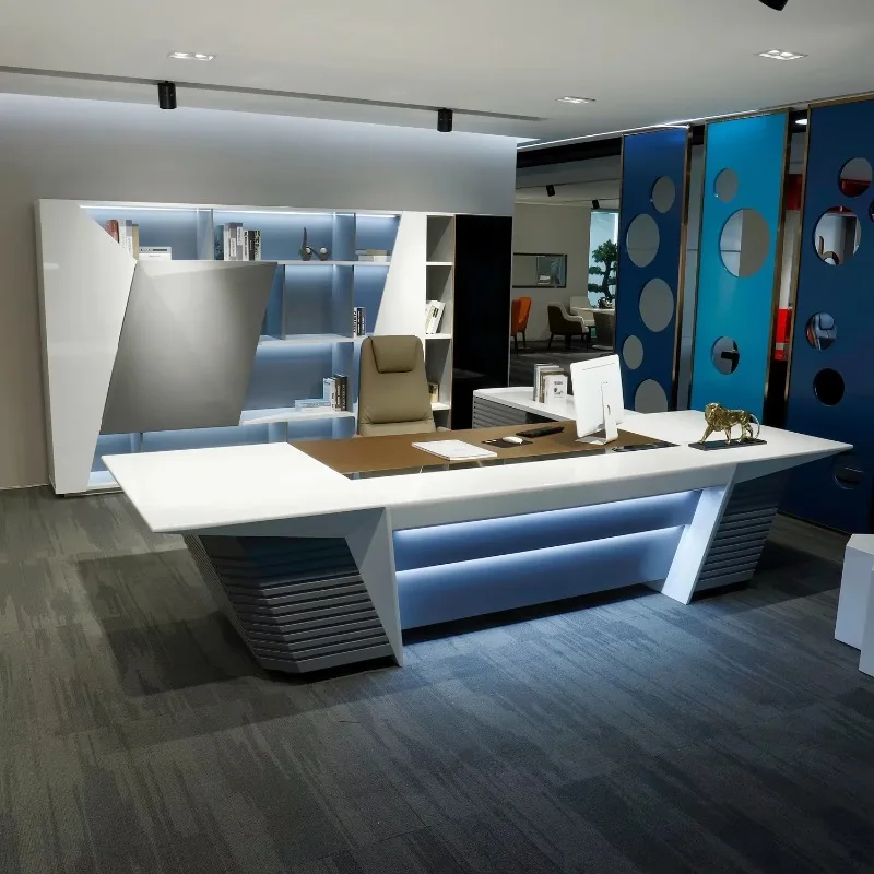 Modern White Glossy High-End Executive Desk High Quality Boss Office Furniture Extendable Feature Wireless Charging Home Panel
