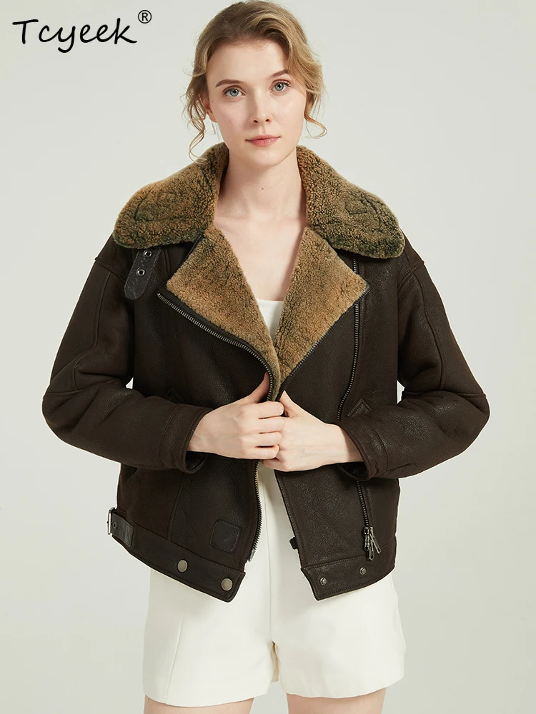 Ayunsue jaqueta de pele de carneiro de couro genuíno roupas de inverno 2025 casaco de pele natural feminino lã de cordeiro motocycle jaquetas mulher streetwear