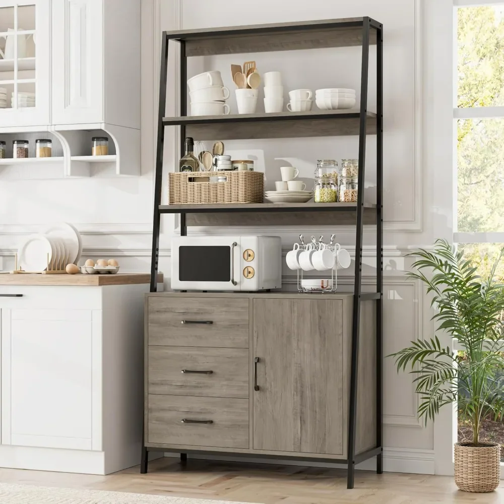 

69" Tall Bookshelf, 4-Tier Bookcase with Wooden Drawers and Ladder Shelves, Free Standing Storage Cabinet Kitchen Bakers Rack