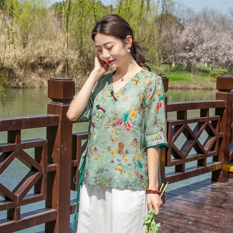 Hanfu blus musim panas wanita, atasan longgar mode Nasional leher V cetak bunga Vintage Hanfu wanita gaya China Modern