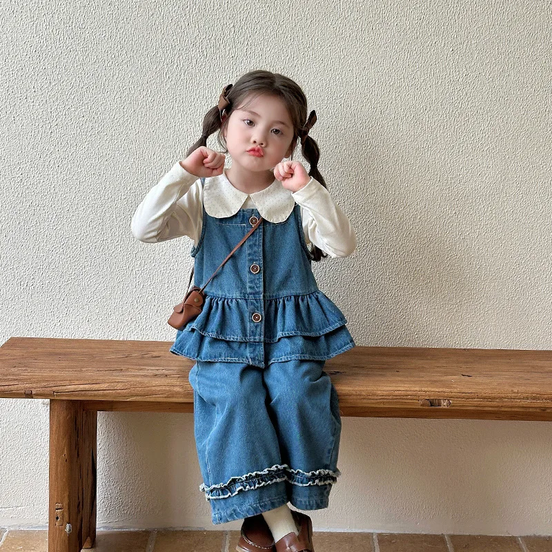 

2025 New Children's Autumn Fashionable Doll Shirt and Cowboy Cake Skirt Three Piece Set with Bottom Vest and Pants
