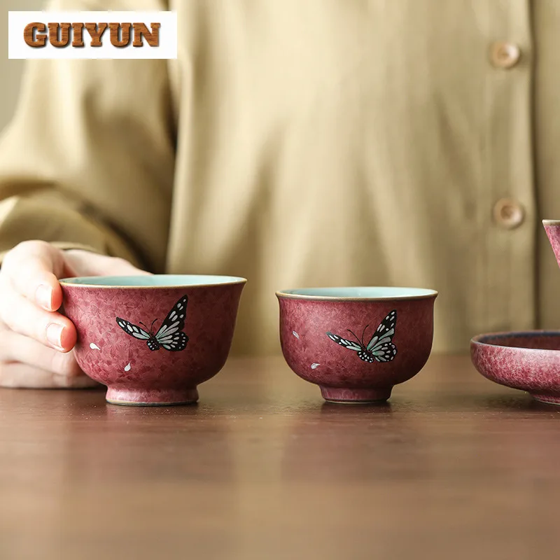 

Hand Painted Double Butterflies Teacup Ancient Tea Bowl Water Jug Tea-tasting Meditation Cup Chazhan Master Cups Chinese Tea Set