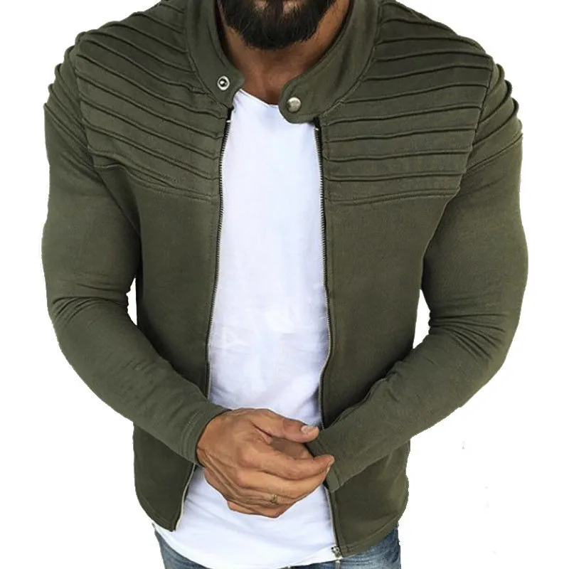 Spring and Autumn New Men's Long Sleeved Outdoor Sports and Leisure Solid Color Standing Neck Zipper Wrinkled Cardigan Top