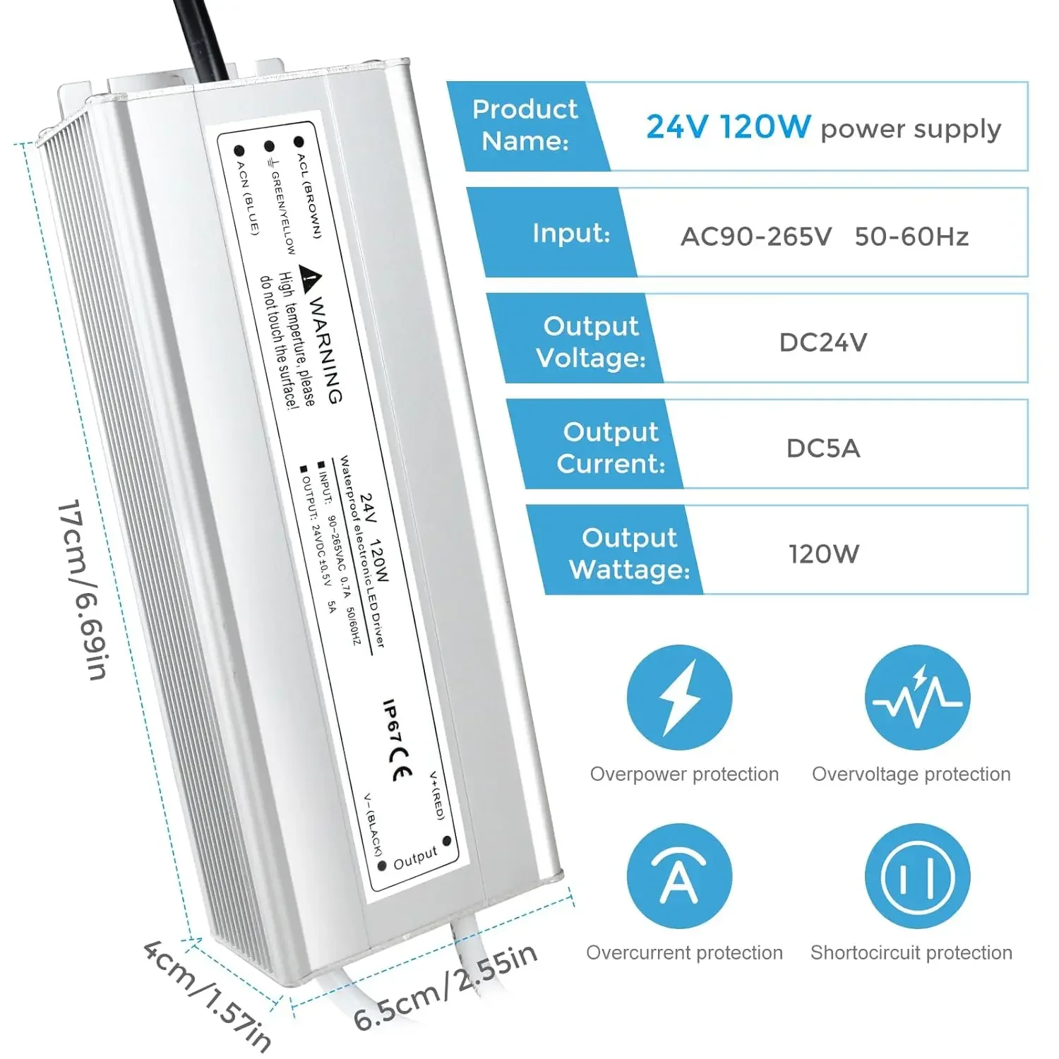 DC12V24V LED Power Supply, Waterproof IP67 Driver, Transformer with 3-Prong Plug for Indoor Outdoor LED Light, Computer Project