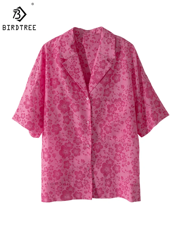 

BirdTree Real Silk Cotton Shirt For Women, Half Sleeve Floral Printed, Fashion Vacation Loose Blouses, 2024 Spring Top T43703QM