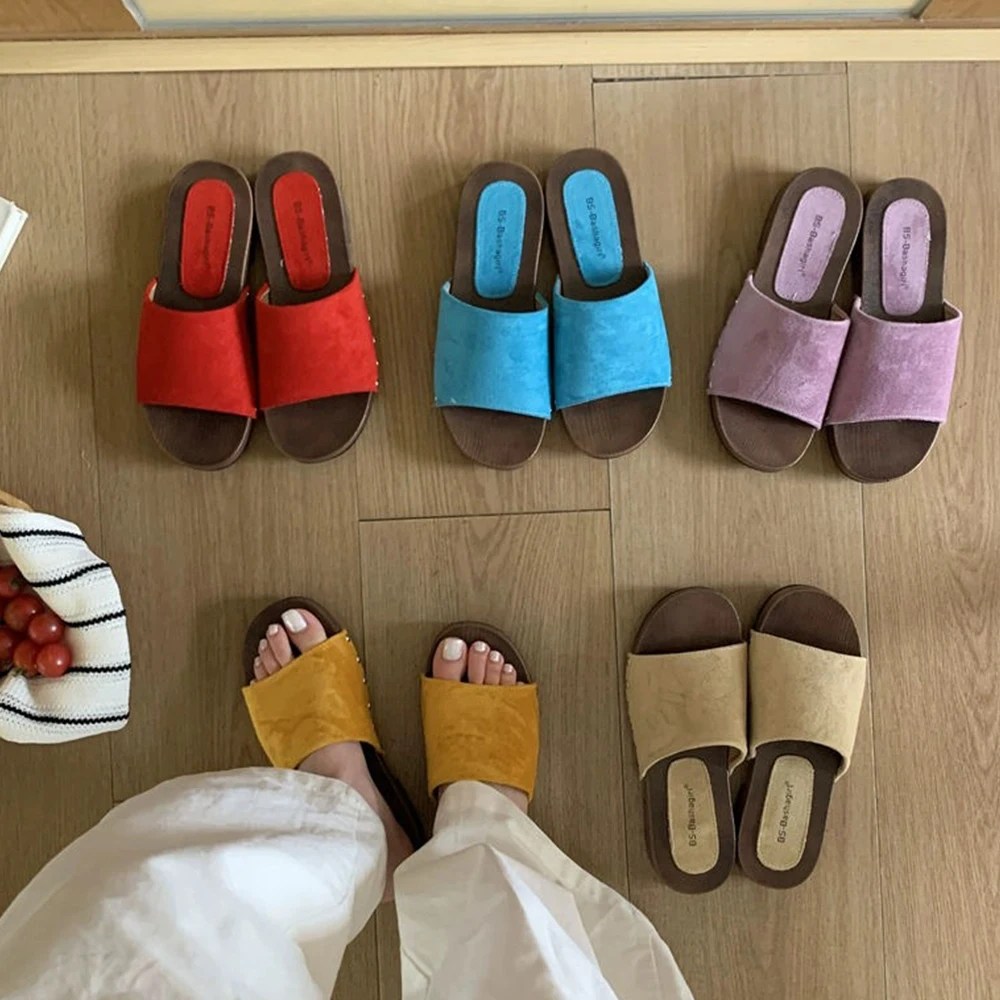 

Women's Flat Sandals Fashion Slides Slippers Suede Leather Square Open Toe Shoes for Summer Beach Outdoor Walking