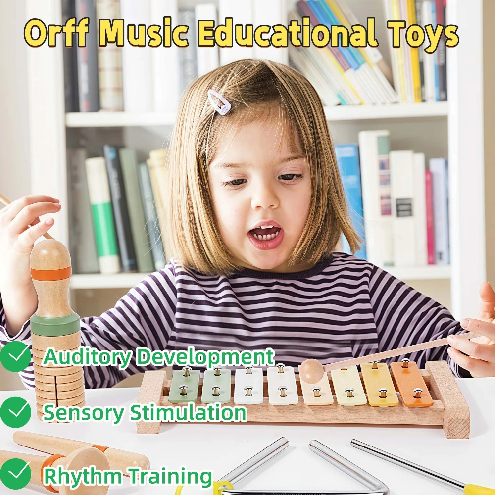 ไม้ Orff เพลงของเล่นเพื่อการศึกษาสําหรับเด็กปฐมวัย Sensory Development Percussion ชุด Maracas Castanets Hand Bells
