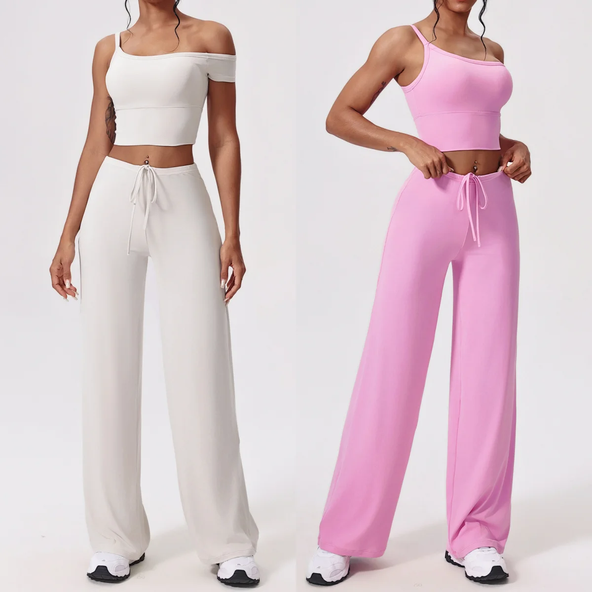 

Комплект для йоги, 2 шт., женская спортивная одежда, укороченный топ на одно плечо, тренировочная одежда, свободные леггинсы для спортзала, фитнес-бюстгальтер, пикантные спортивные костюмы для девочек