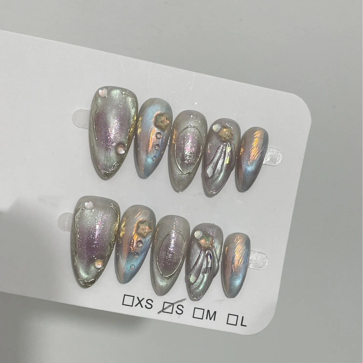 10pcs Handmade Aurora Almond False Nails Fantasy Mermaid Cat's Eye Press on Nails Full Cover Summer Detachable Fake Nails Tips