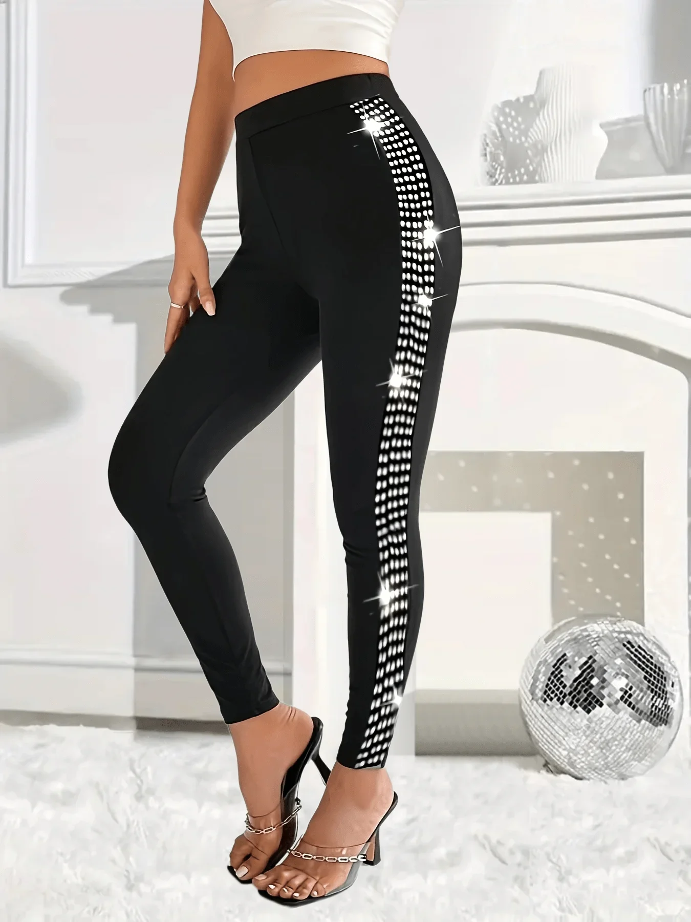 Plus Size Women\'s Elegant Solid Color Yoga Tight Leggings Sequin Tight Pants Slim-fit Leggings for Women