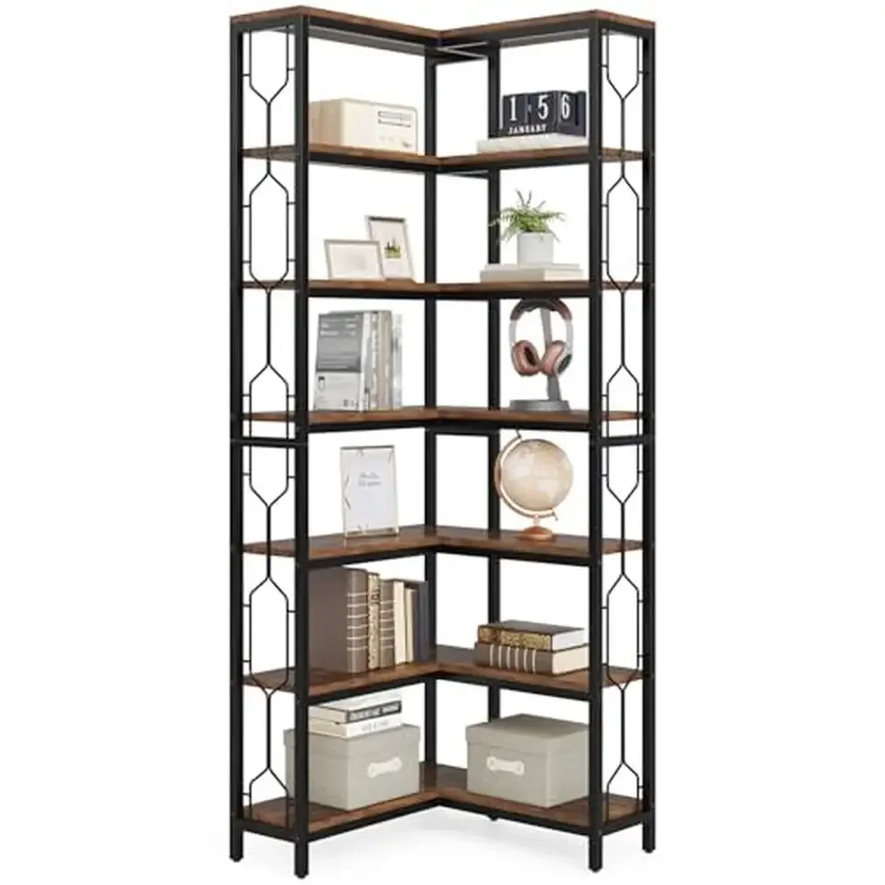 Industrial 7-Tier Corner Bookshelf with Metal Frame Freestanding Display Shelf Living Room Space-Saving Etagere Bookcase