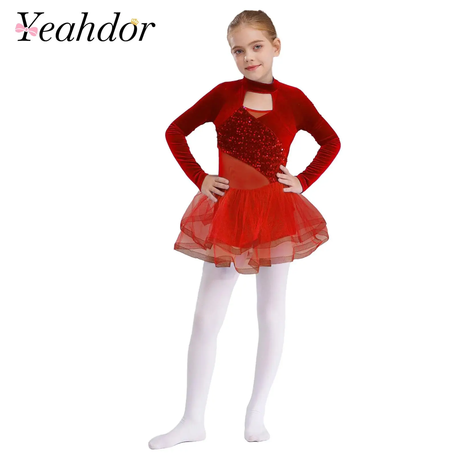 

Kids Girls Sequins Dance Dresses Practice Outfits Christmas Velvet Tutu Dress Childs Gymnastics Leotard with Tulle Tutu Skirt