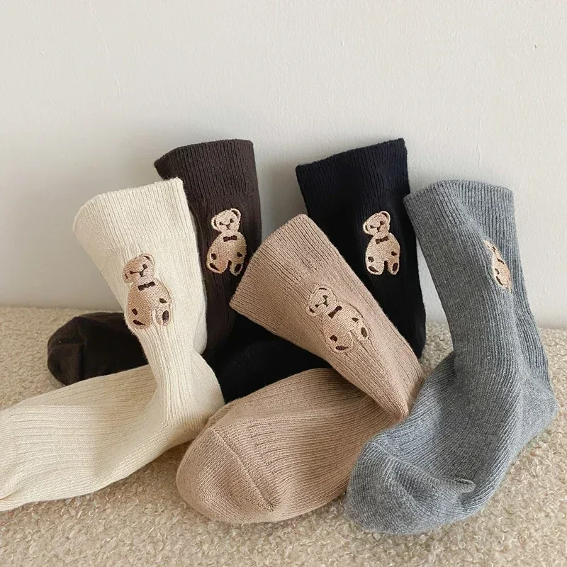 Autumn Winter Cotton Kids Socks Korean Retro Style Bear Embroidery Girls Boy Toddler Knitted Socks Warmth Tube Socks For 1-10Yrs