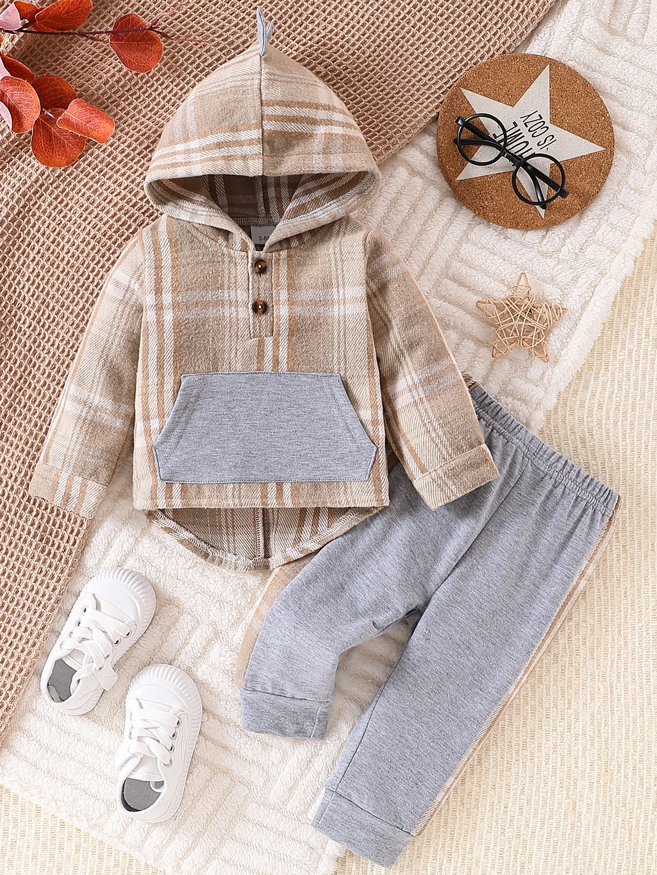 

Baby Toddler Plaid Hooded Set Soft Retro Style Outerwear with Hood Patch Pocket Comfortable Vintage-inspired Clothing