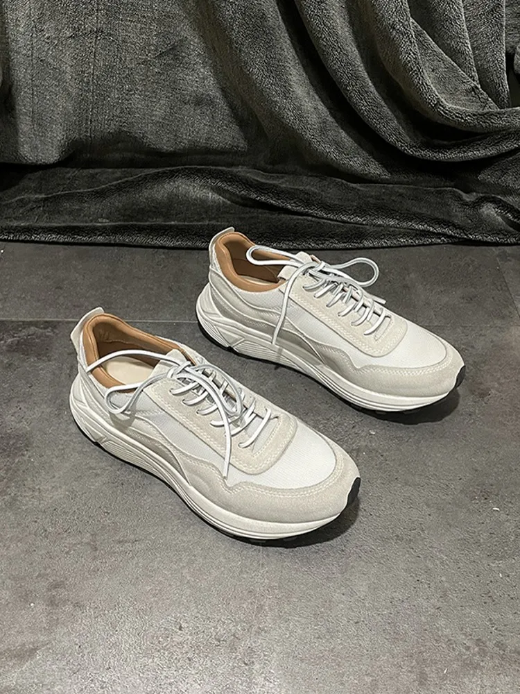 Spring Autumn Men Leisure Cow Suede Leather Splicing Mesh Surface Breathable Thick Soled Lace Up Jogging Sports Running Sneakers