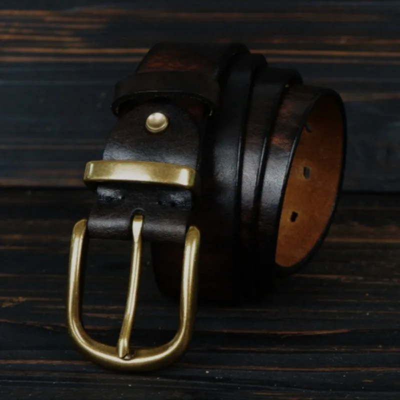 3.8CM Solid Brass Texture Buckle Genuine Leather Man Jeans Belt Men's Retro Fashion Handmade Top Layer Cowhide Belts