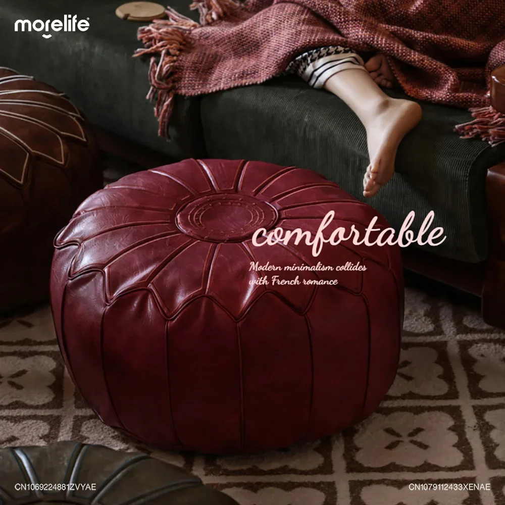 Pu Pouf Embroider Craft Hassock Ottoman Footstool Creative Light Luxury Round Large Artificial Leather Cushion Home Furniture