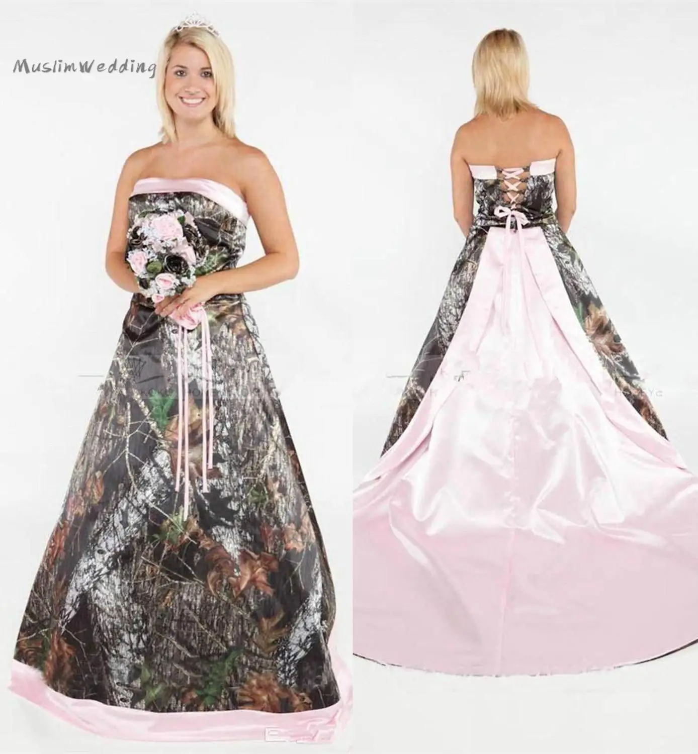 Vintage Pink Camo Boho Wedding Dresses Sexy Strapless Satin Lace Up Country Bridal Gowns Satin Civil Bride dress Customized