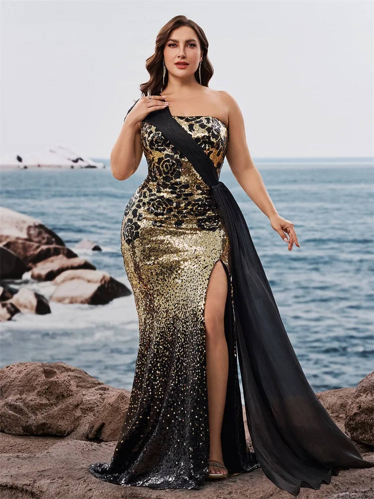 

Lucyinlove Plus Size Elegant off-shoulder Sleeveless Evening Dresses Luxurious Slit Wedding Party Mermaid Ribbon Cocktail Gowns