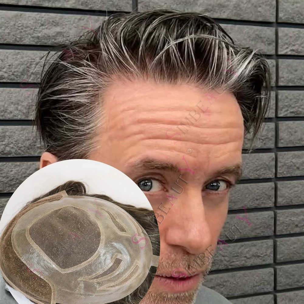 

Мужской парик Versalite Lace с полиуретановой основой, дышащий, на швейцарской сетке, темно-коричневый, серый, черный, из натуральных волос, система замещения волос для мужчин