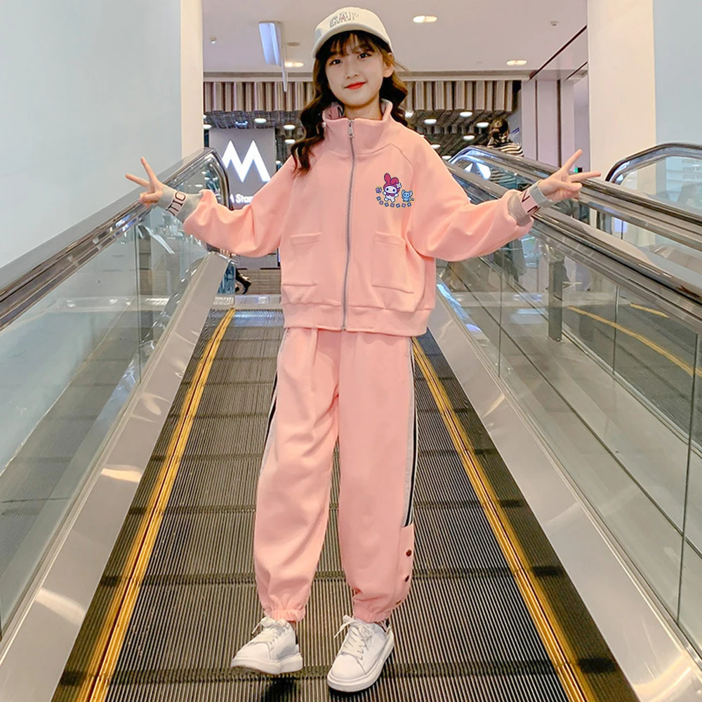 Cinnamoroll Anime Sanrioed Girls 2Pcs Sports Melody Spring Autumn Teenagers Kids Korean Style Fashion Loose Sports Zipper Coat