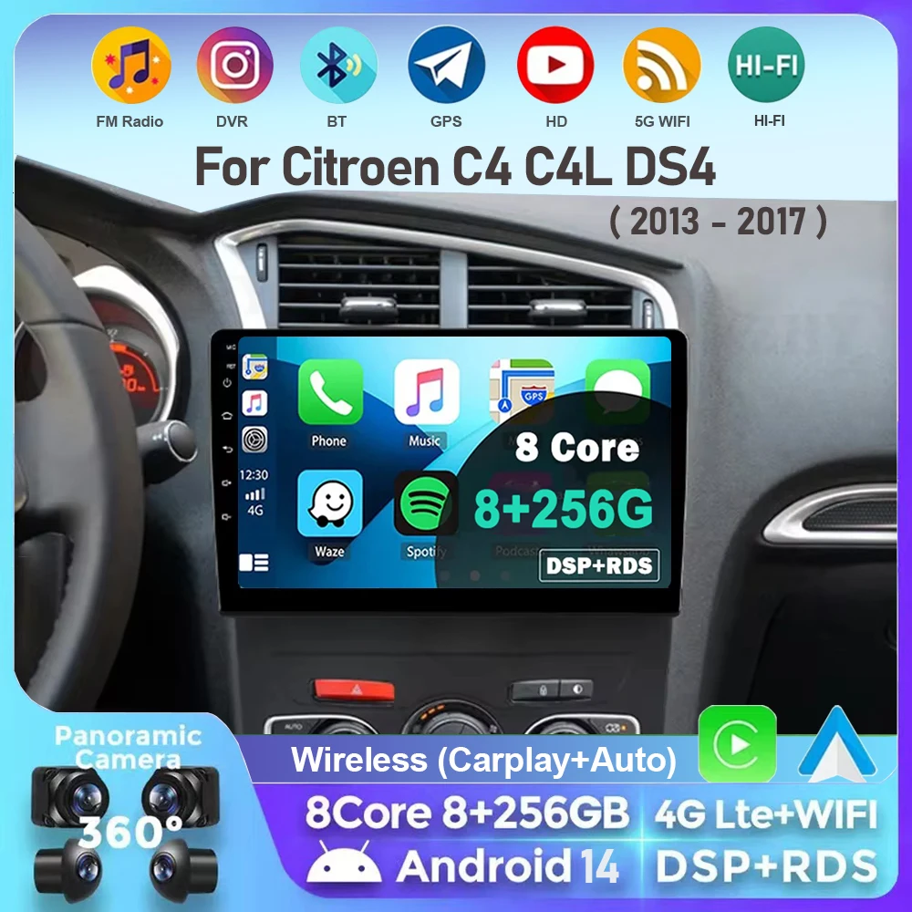 

Android 14 Carplay Car Radio For Citroen C4 C4L DS4 2013 2014 2015 2016 2017 Navigation GPS Multimedia Player 5GWiFi+4G SIM BT