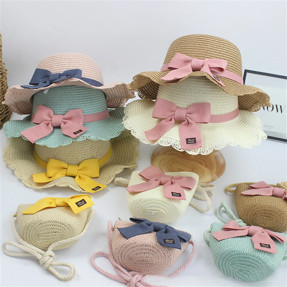 2pcs/Set Kids Straw Hat Shoulder Bags Girls Summer Outdoor Beach Cap Cute Bowknot Travel Sun Panama Bucket Horse NEW 2023