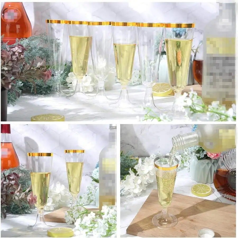 50/100Pack Plastic Champagne Flutes, 5 Oz Gold Rim Toasting Cups, Stemmed Mimosa Glasses, Bulk Cocktail Wine Glassware For Engag