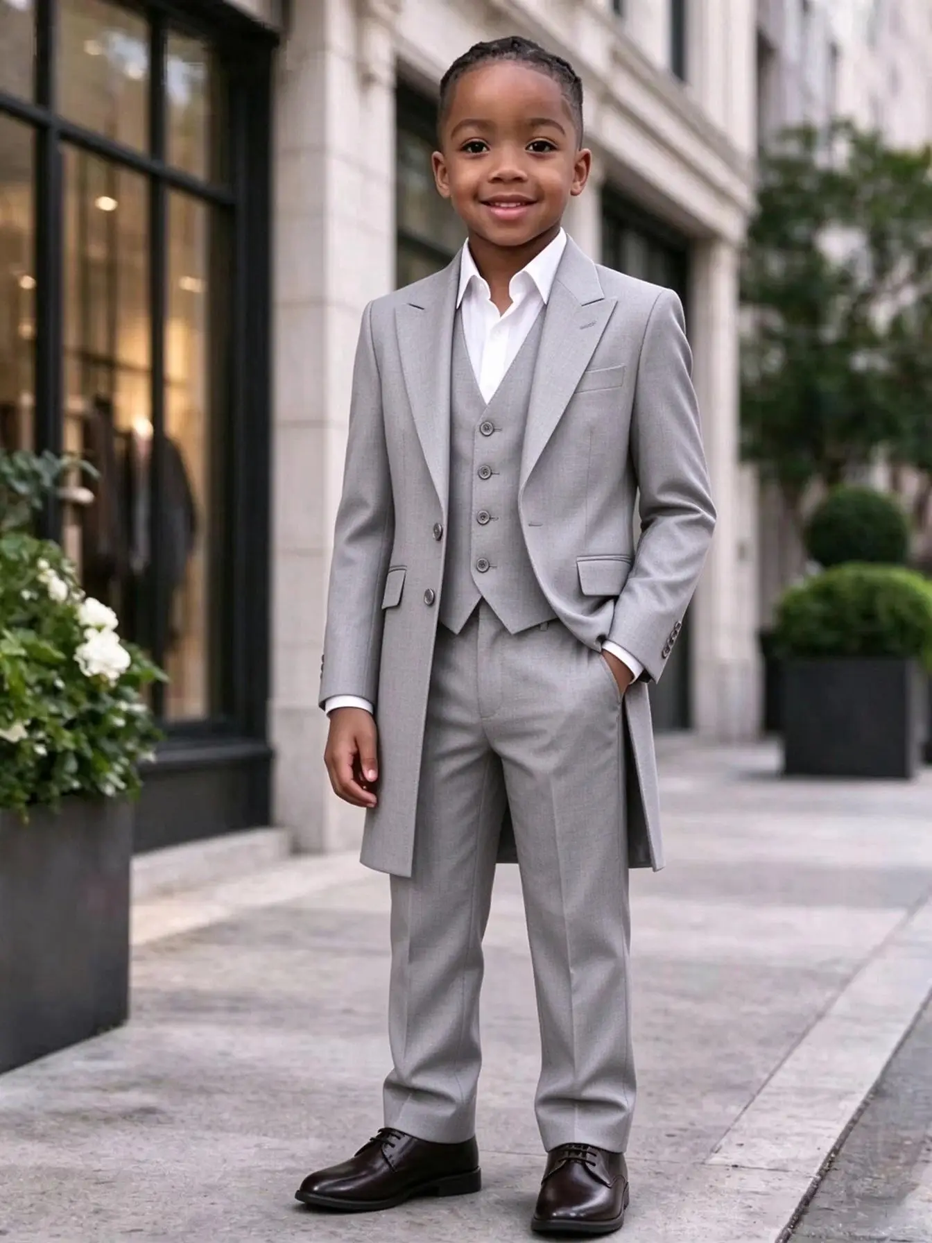 Light Grey Kids Long Jacket Vest Pants Suit Set 3 Pieces Wedding Guest Outfit Handsome Peak Lapel Boys Suits For Birthday Party