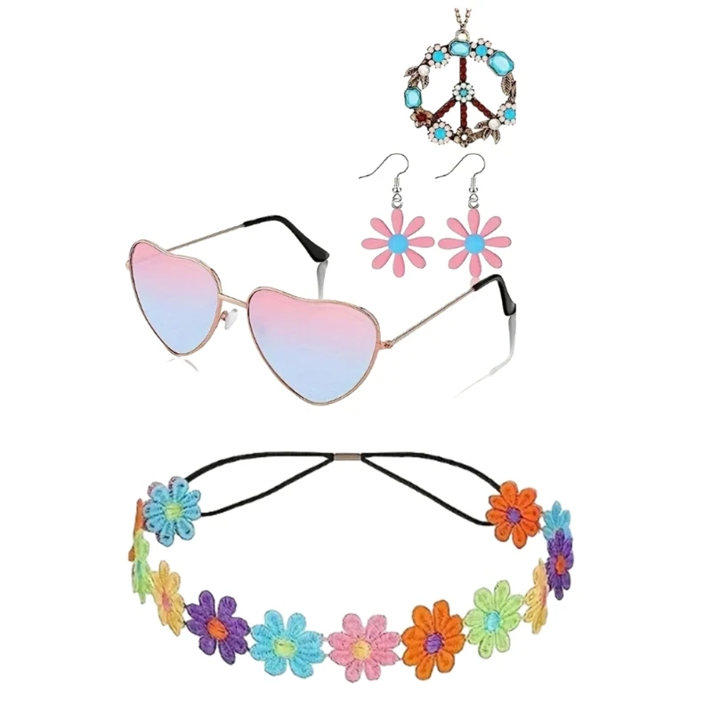 Accesorios para disfraz hippie para mujer, gafas hippie, pendientes flores, diadema