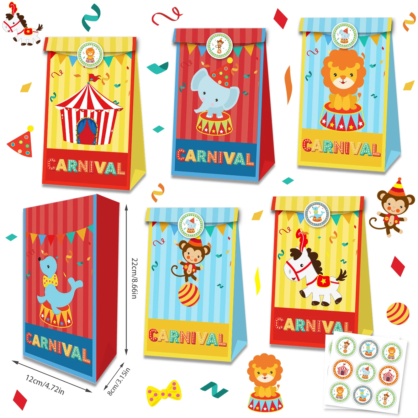6 sacs cadeaux en papier sur le thème du cirque de carnaval, avec autocollants de scellage, pour bonbons et biscuits, pour la décoration de fête d'anniversaire des enfants