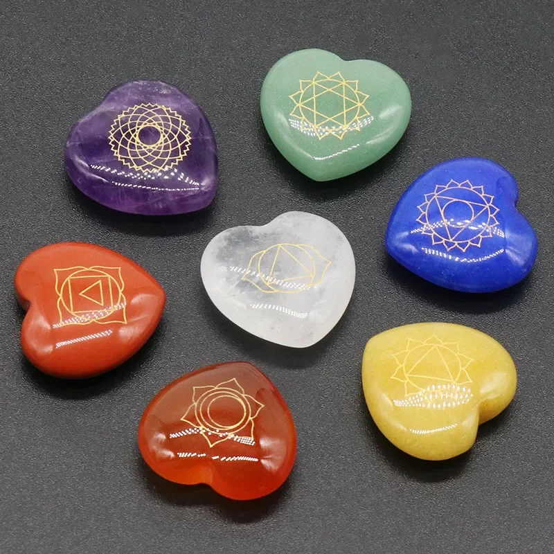 7pcs Natural Crystal Reiki Healing Heart Shaped Stone Engraved Holistic Balancing Chakra Symbols Set