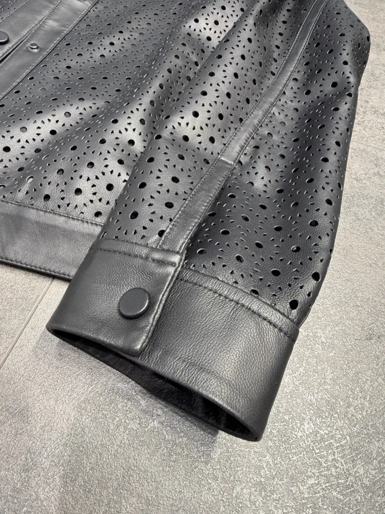 Vintage feminino outono oco para fora pele de carneiro jaqueta de couro genuíno único breasted o pescoço solto ajuste designer festa casaco outerwear