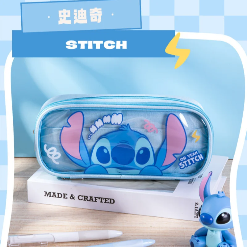 กล่องดินสอนักเรียน Disney มิกกี้เมาส์น่ารัก Stitch กระเป๋าเครื่องเขียนความจุขนาดใหญ่โปร่งใสทนสิ่งสกปรกการ์ตูน