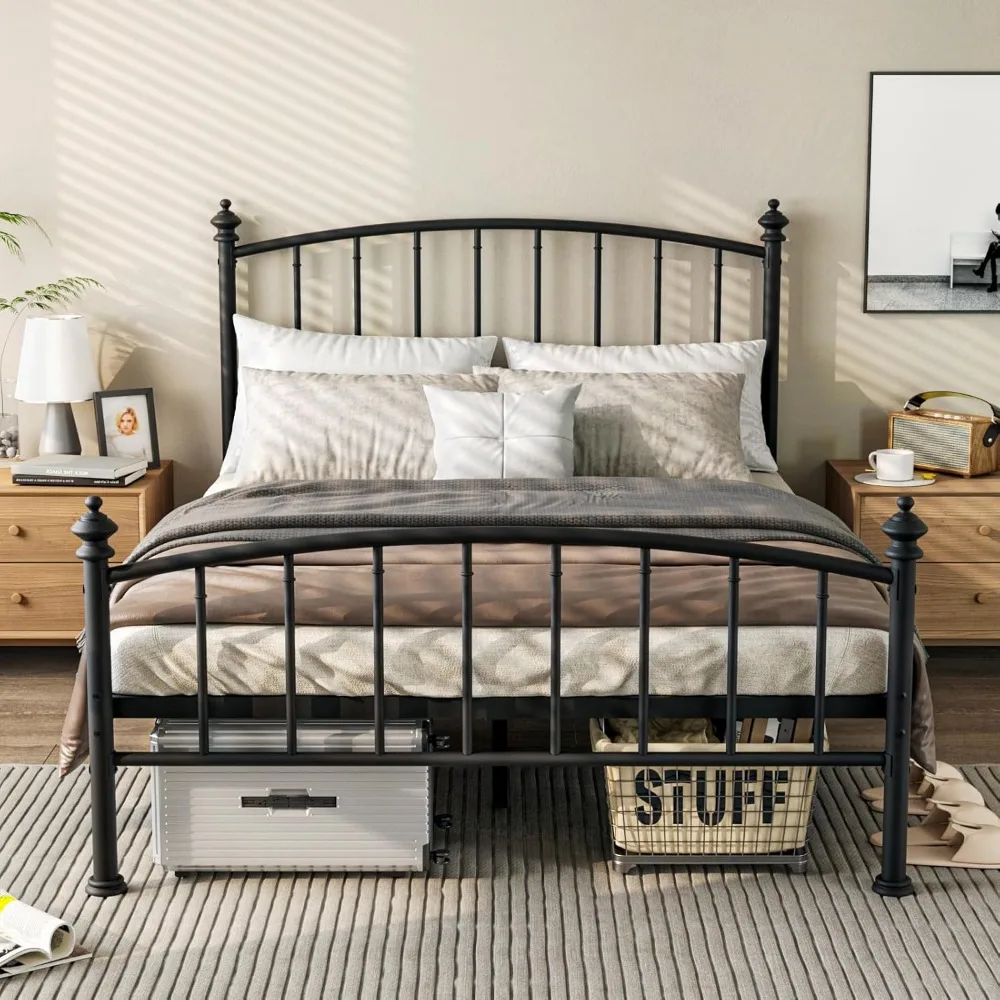 

Queen Size Metal Platform Bed Frame, Victorian Wrought Iron-Art Design, Classic Black, Mattress Foundation with Headboard & Foot
