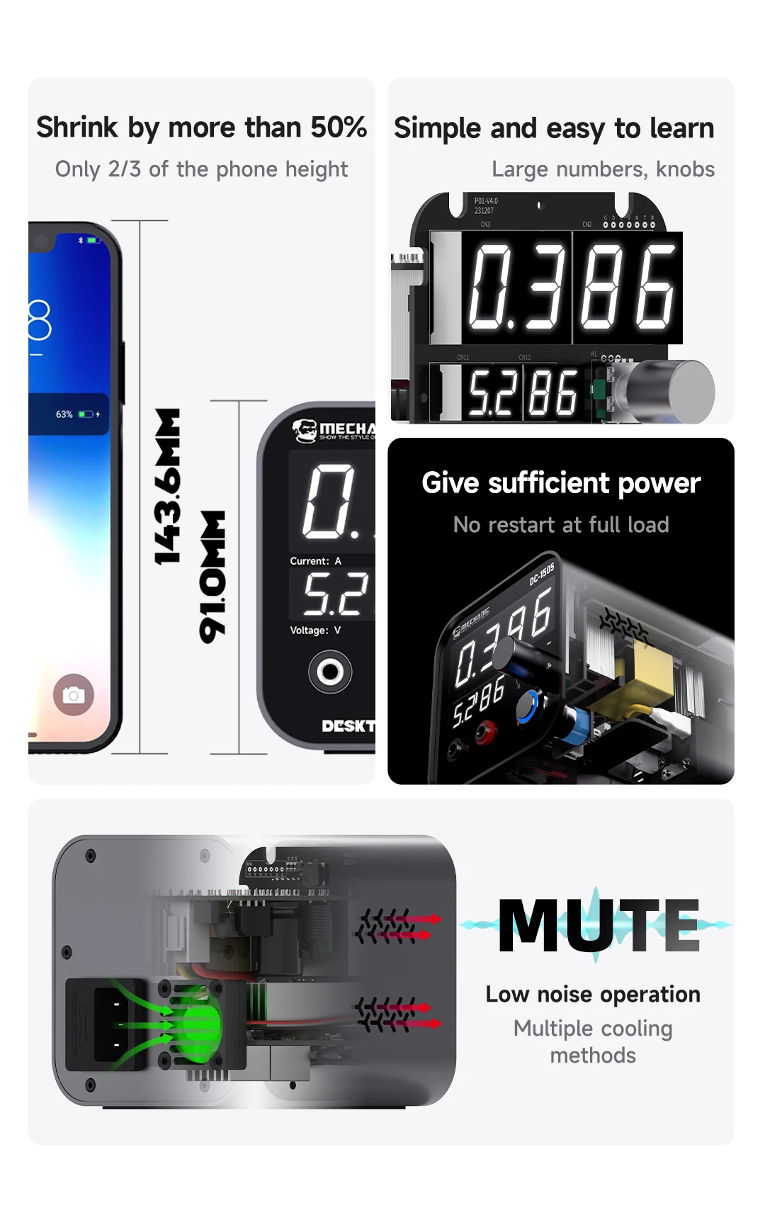 MECHANIC  DC1505 desktop power supply Heat dissipation LED display with multiple interfaces 110V 220V adjustable power supply