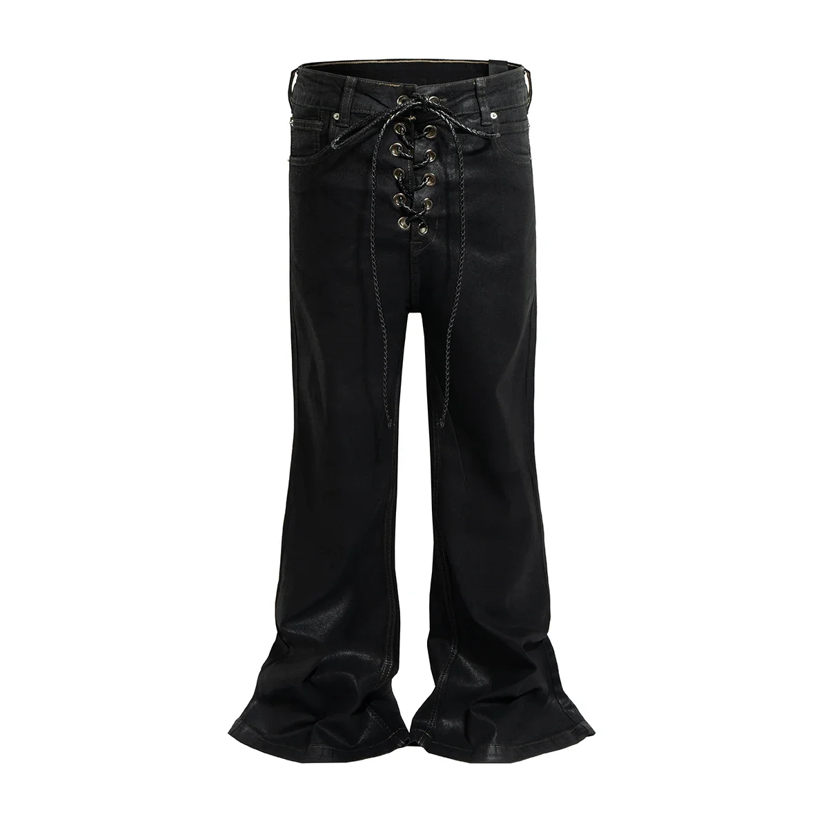 Ro Style Ribbons Matte Coated Stretch Black Flare Pants for Men and Women Lace Up Baggy Leather Trousers Streetwear Boot Cut