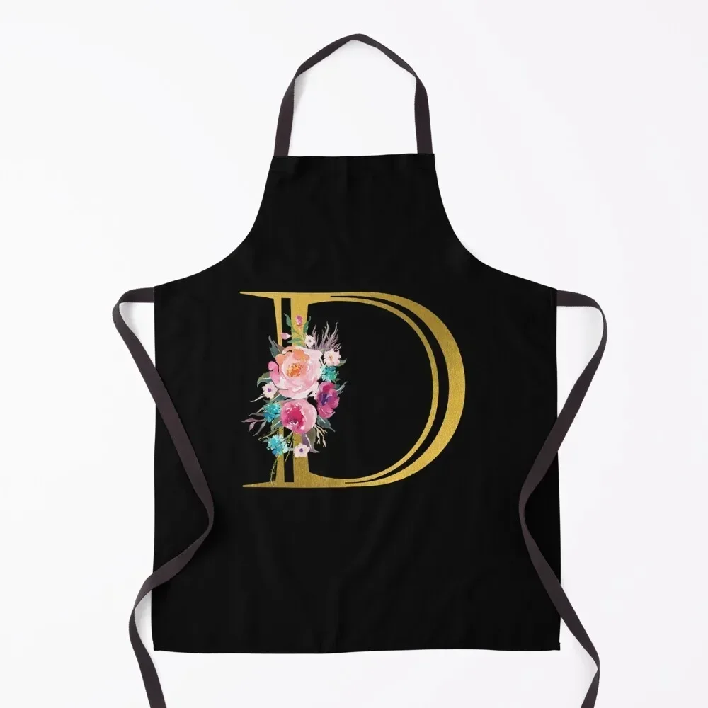 

Letter D, Floral Monogram, Watercolor Roses, Initial, Faux Gold Foil Apron Things For The Home custom women's kitchen Apron