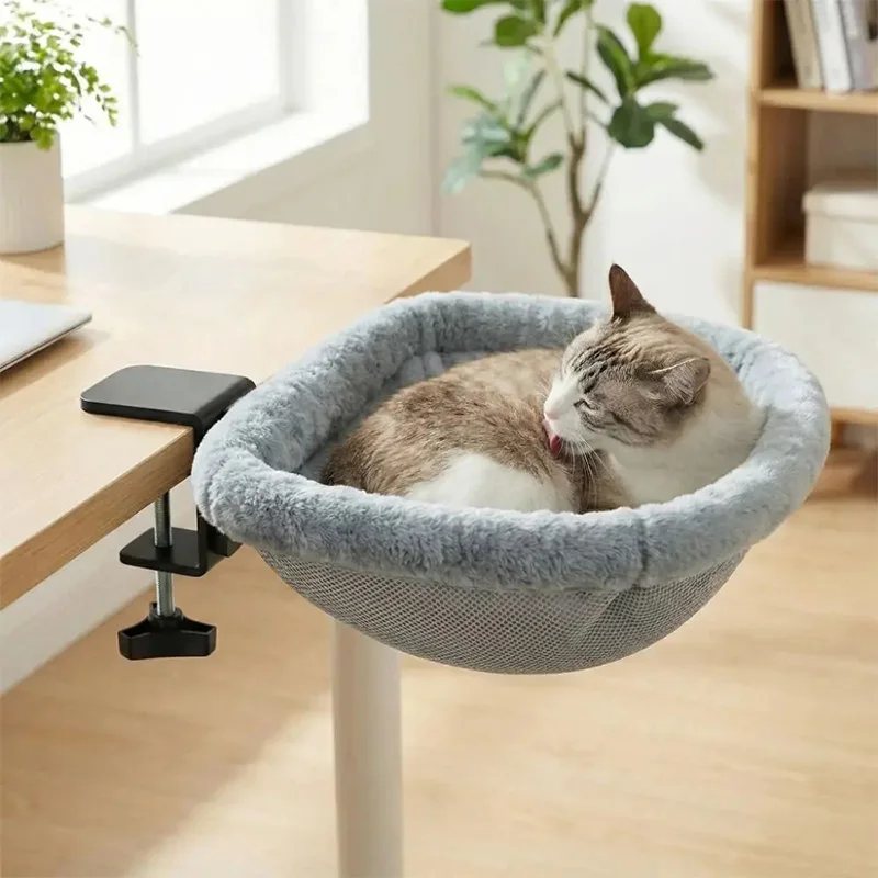 Semi-Circular  DIY Cat Table Bed Space Saving Detachable Folding Cat Bed Comfortable Non-Slip Clamp Cat Desk Hammock Computer