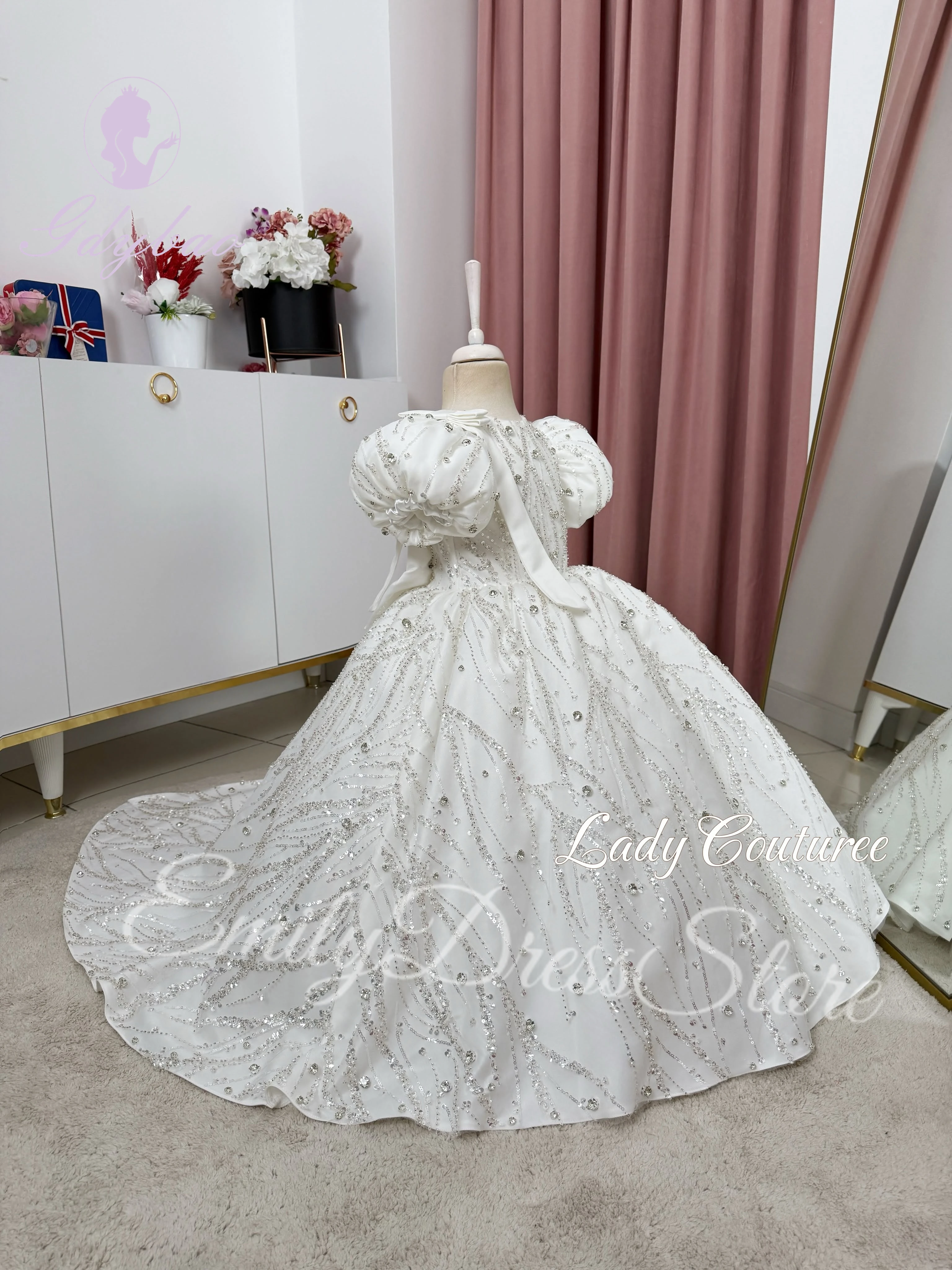 Customized Sequins Flower Girl Dress For Wedding Elegant Puffy Applique Kids Elegant Birthday First Communion Ball Gown