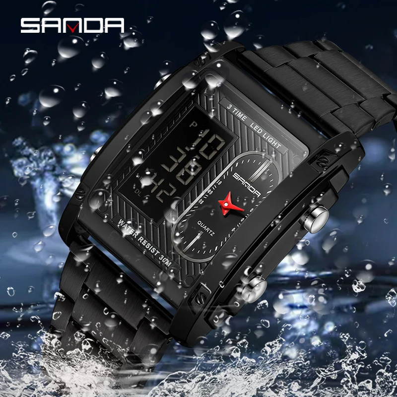 SANDA Top Brand Watches for Men Stainless Steel Quartz Wristwatch Double Display LED Digital Electronic Clock Relogio Masculino