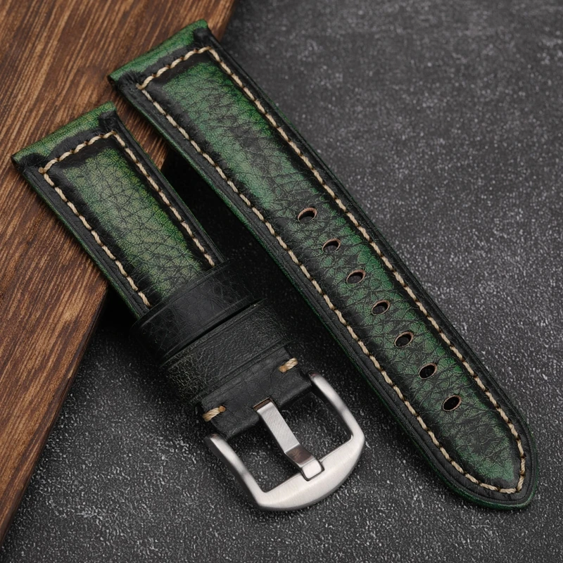 Handmade First Layer Cowhide Leather Strap Vintage Rubbed Color Leather Watchband 22  24MM Vintage Style Men Bracelet For PAM111