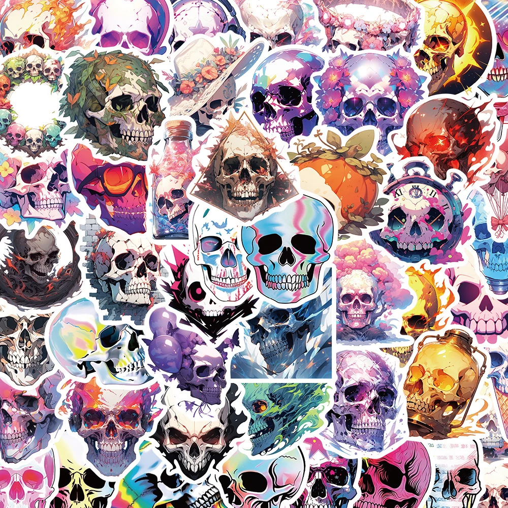 Halloween Horror Laser Skull com adesivos legais, Decalques estéticos dos desenhos animados, Skate, Laptop, Carro, Adesivo impermeável, 10 pcs, 30 pcs, 50pcs