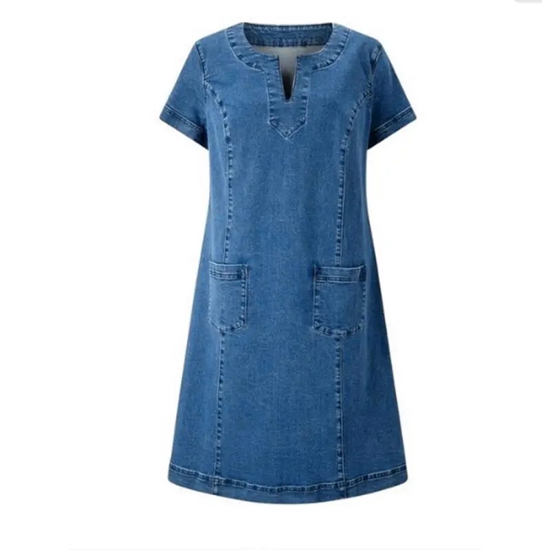 Summer Women Denim Dresses 2023 New Arrival Short Sleeves Loose A-Line Dresses V-neck Solid Denim Dresses