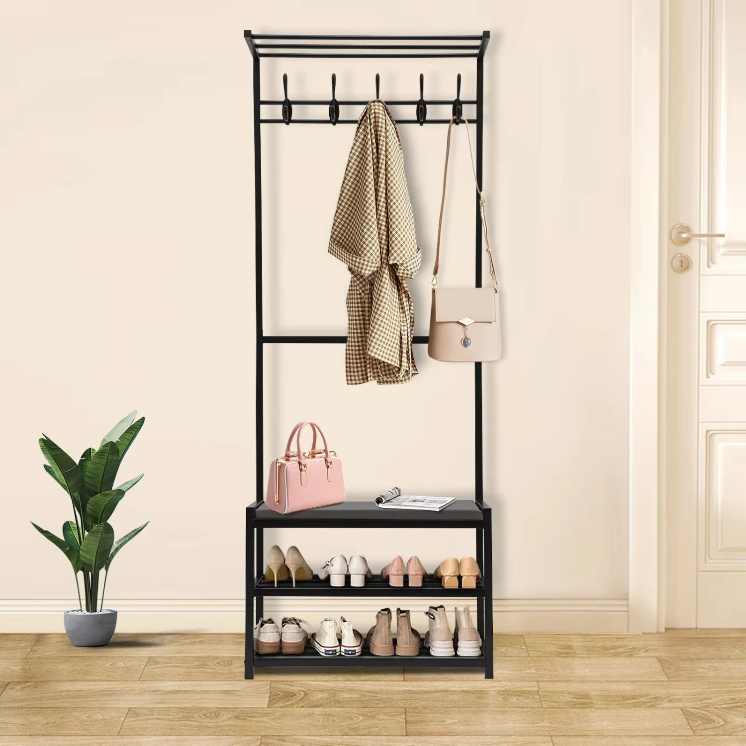 

Entryway Bench with Coat Rack with PU Cushion and Shoe 3 in 1