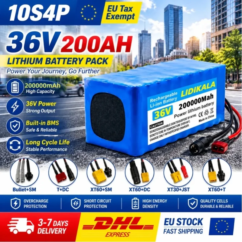 36V 200000mAh 10S4P Lithium-Ionen-Akku mit integriertem BMS, wiederaufladbarer Hochleistungs-Li-Ionen-Akku für Elektroroller, E-Bike, mehrere Anschlüsse