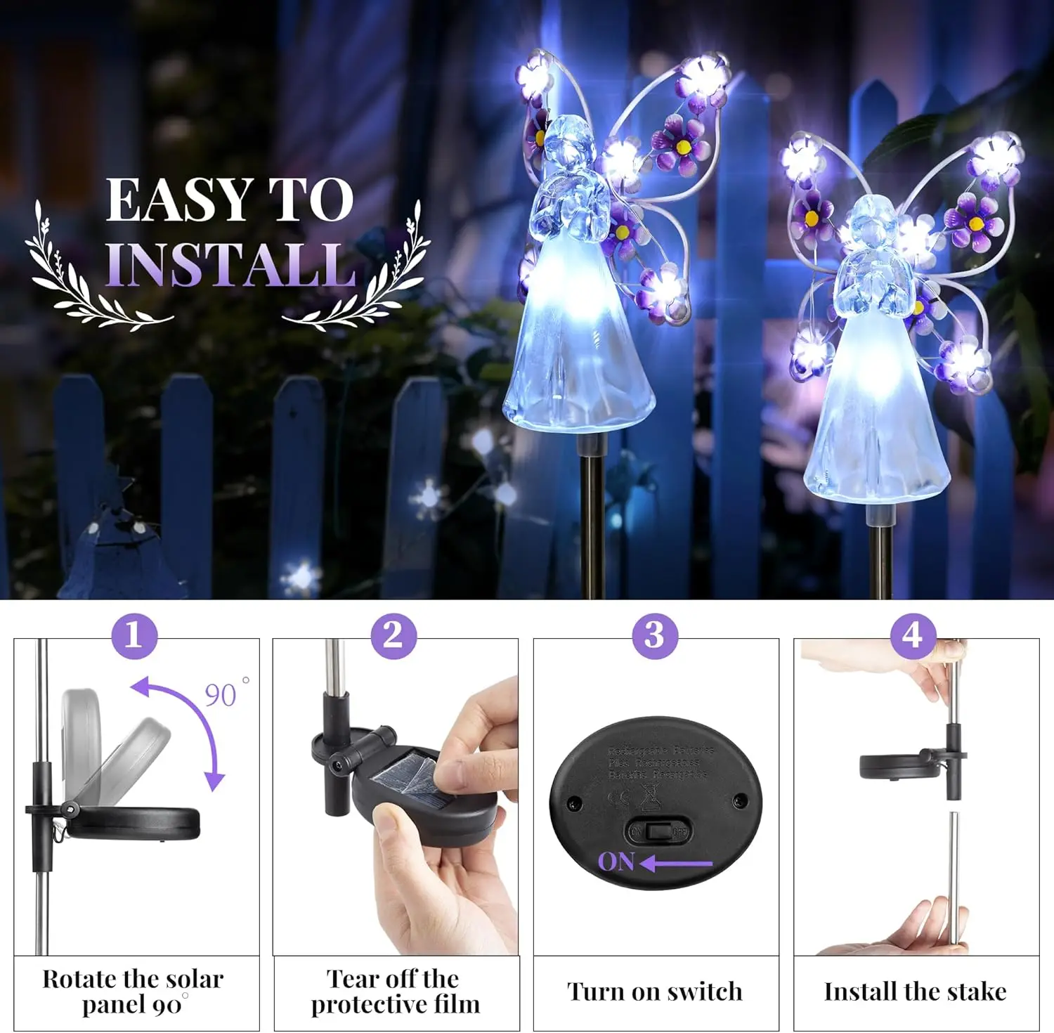 4 عبوات من مصابيح حديقة الملاك الشمسية مع 7 مصابيح LED لديكور المقبرة الخارجية، وفن ساحة التذكاري وعيد الميلاد