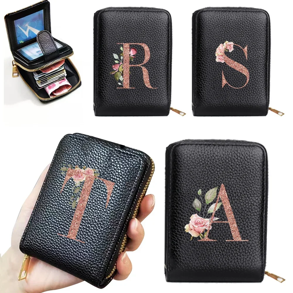 

Purse Womens Wallet Ladies Rfid Blocking Leather Credit Card Holder with Zipper Coin Pocket ID Window Rose Gold Pattern